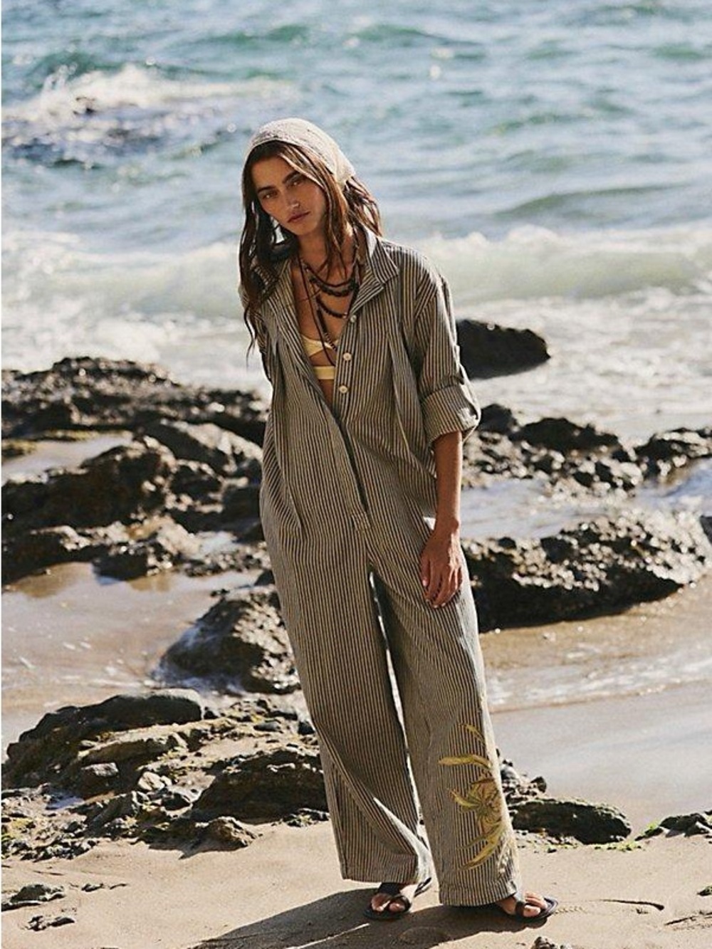 Free People Olive-Striped Button Front Jumpsuit